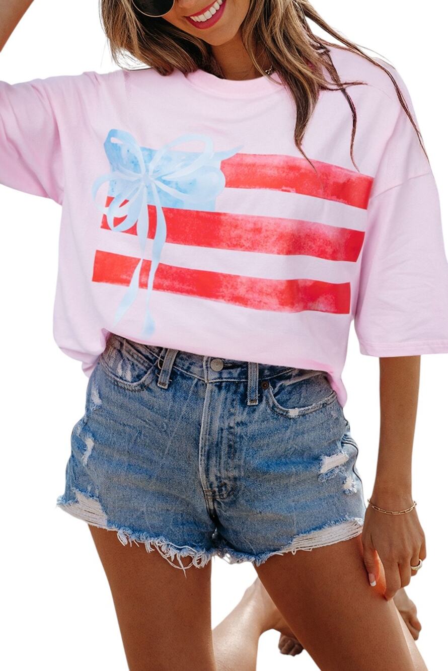 Light Pink With Blue Bow Flag Graphic Crewneck Top New  Small